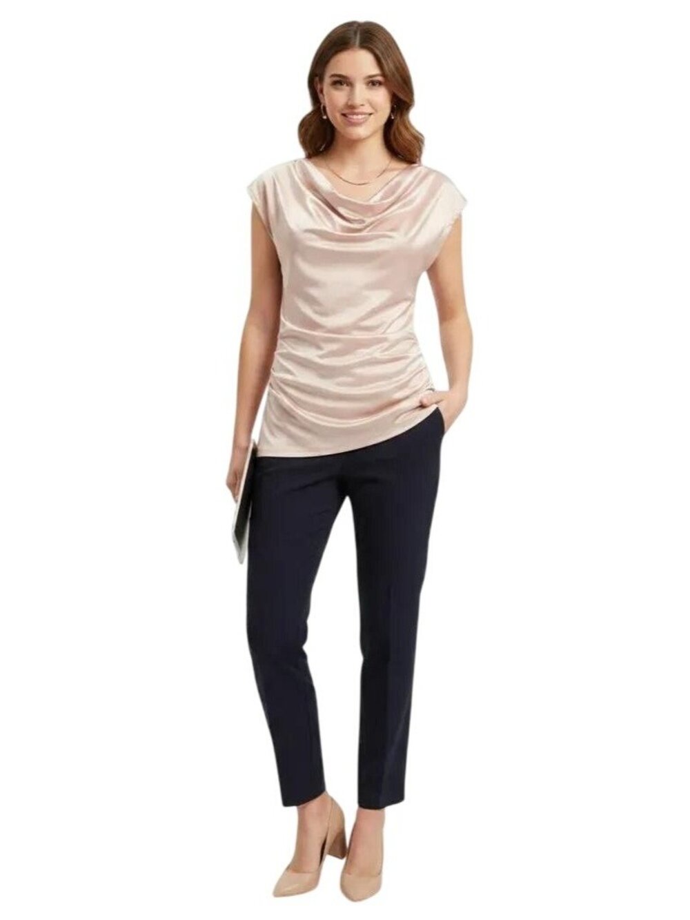New York & Company Blush Pink Stretch Satin Career Top Blouse Women's Medium